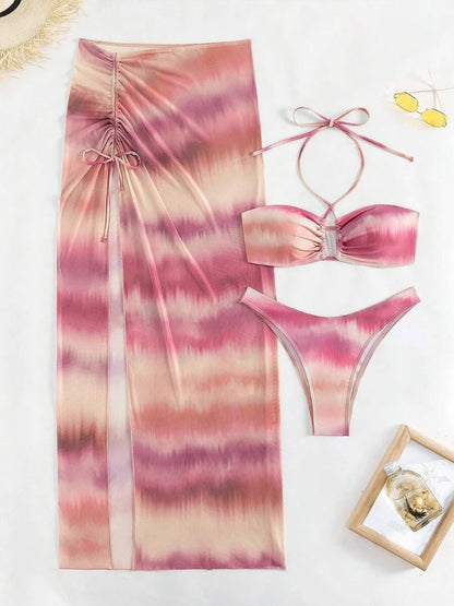 Women's Mesh Halter Swimwear Tie Dyed Bikini Set