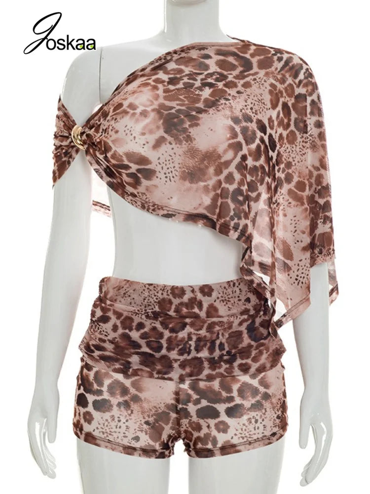 Women's Leopard Print Mesh Ruched Two Piece Set Brown – Back View