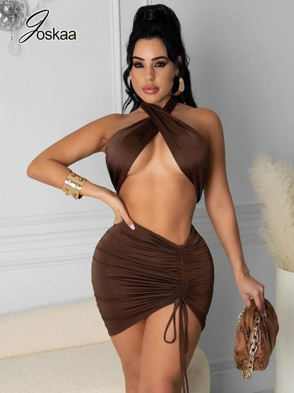 Women's Backless Cutout Halter Mini Dress White – Back View