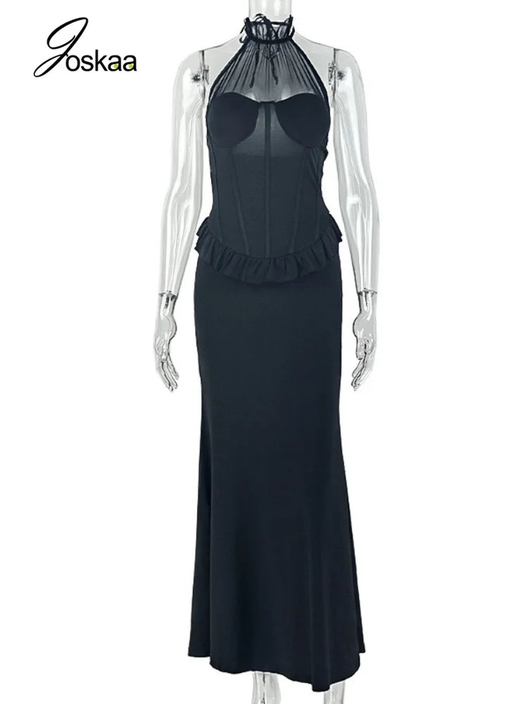 Women's Mesh Backless Halter Bodycon Maxi Dress - Back View