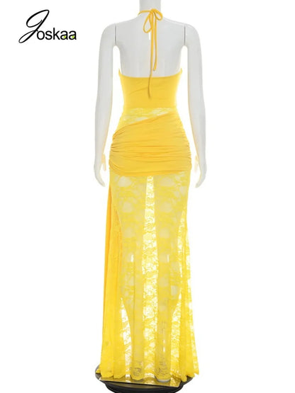 Women's Mesh Lace Ruched Backless Maxi Dress - Detail View