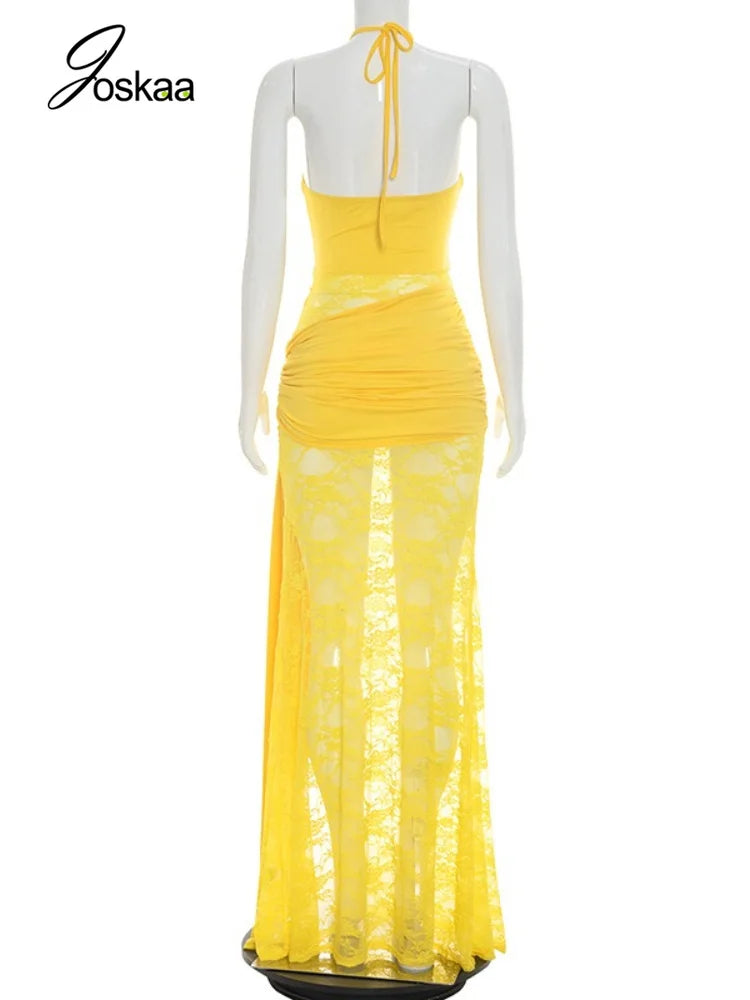 Women's Mesh Lace Ruched Backless Maxi Dress - Detail View