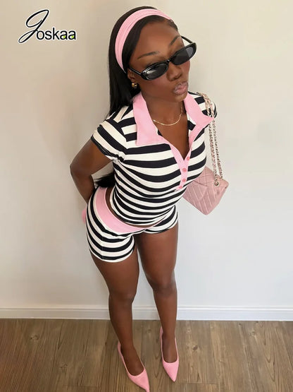 Women's Stripe Short Sleeve Crop Two Piece Set Yellow Blue – Side View