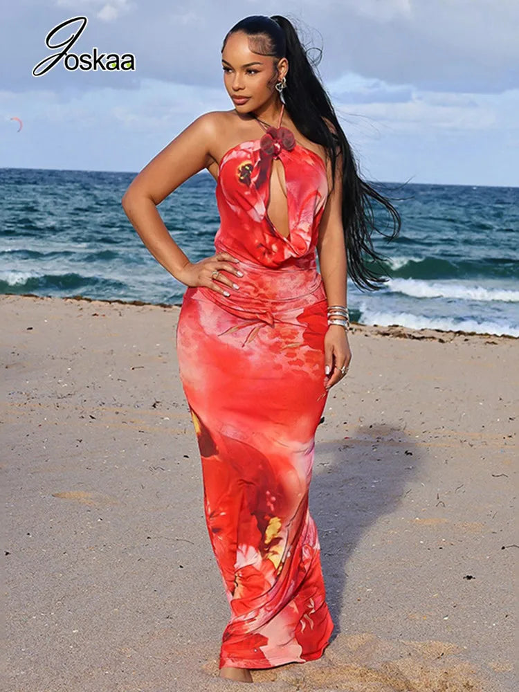 Women's Floral Print Backless Cutout Maxi Dress Red – Front View