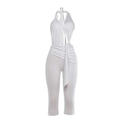 Women's Ruched Backless V-neck Halter Romper - Detail View 6