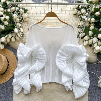 Women's Mesh Long Sleeve Luxury Blouse Ruffles Top