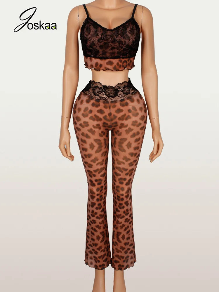 Women's Leopard Print Mesh Lace Sleeveless Two Piece Set - Back View