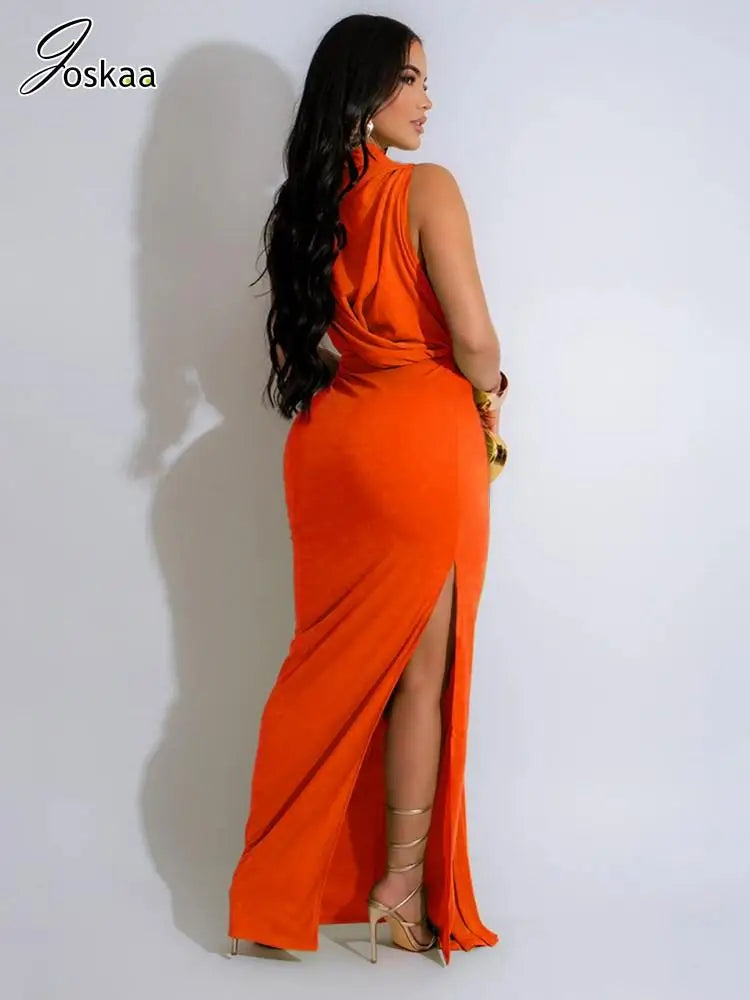 Women's Ruched Cutout Sleeveless Maxi Dress Orange – Side View
