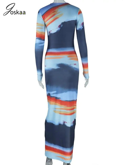 Women's Long Sleeve Colorful Round Maxi Dress Colorful – Detail View