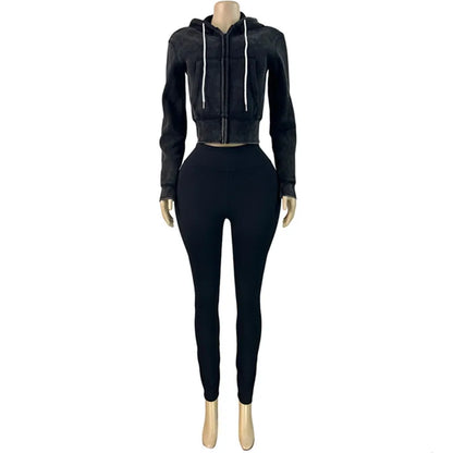 Women's Long Sleeve Zip Hooded Two Piece Set