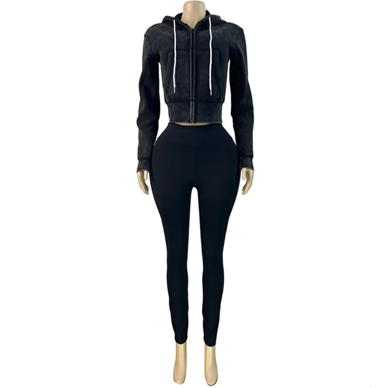Women's Long Sleeve Zip Hooded Two Piece Set
