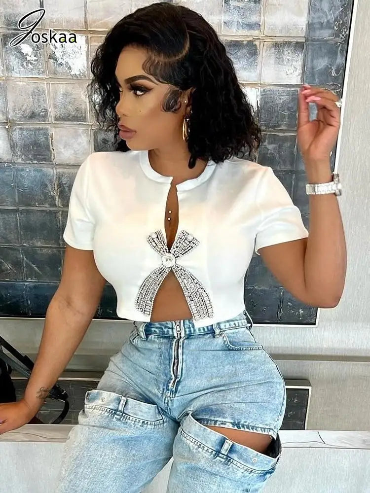 Women's Rhinestone Short Sleeve Split T-shirts Solid Top – Women's Fashion Wholesale – Front View
