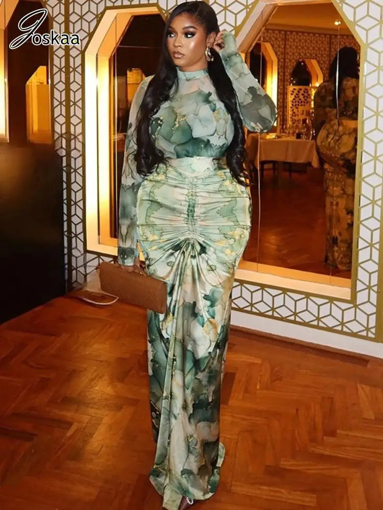 Women's Long Sleeve Maxi Pleated Two Piece Set Colorful – Front View