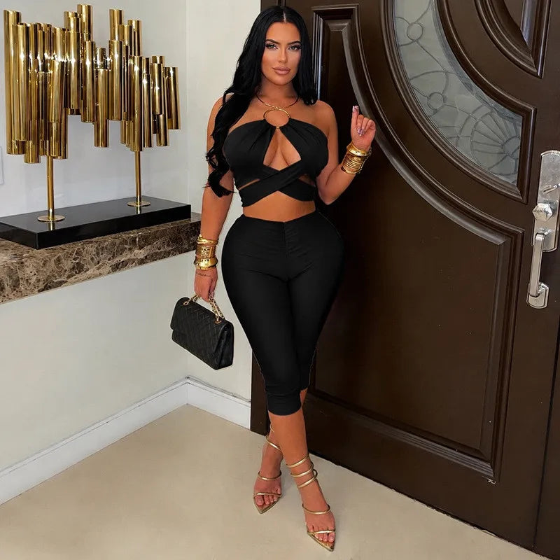 Women's Ruched Cutout Halter Two Piece Set - Detail View 8
