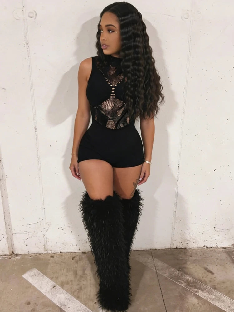 Women's Mesh Knit Cutout Sleeveless Romper Black – Back View