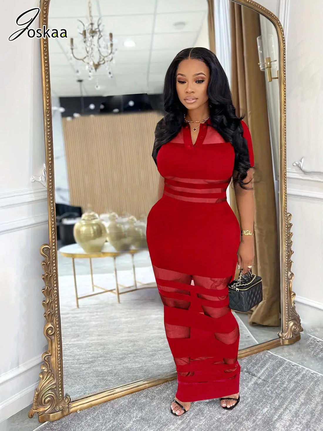 Women's Mesh Short Sleeve Bodycon Maxi Dress Red – Side View