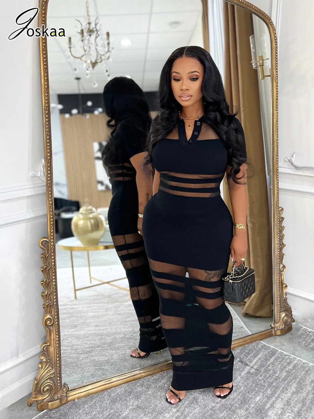 Women's Mesh Short Sleeve Bodycon Maxi Dress – Women's Fashion Wholesale – Front View