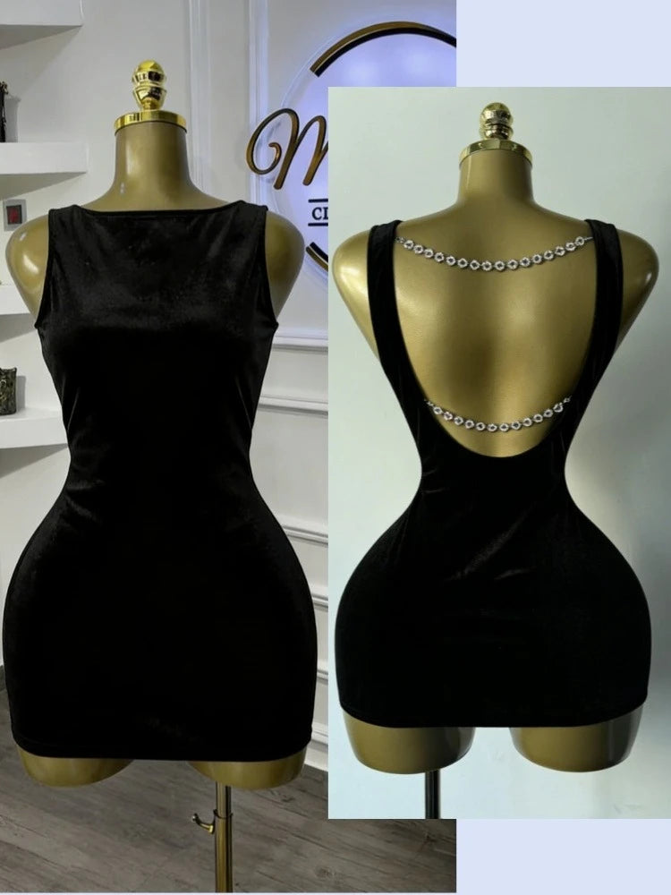 Women's Velvet Backless Black with Pearl Dress Black – Detail View