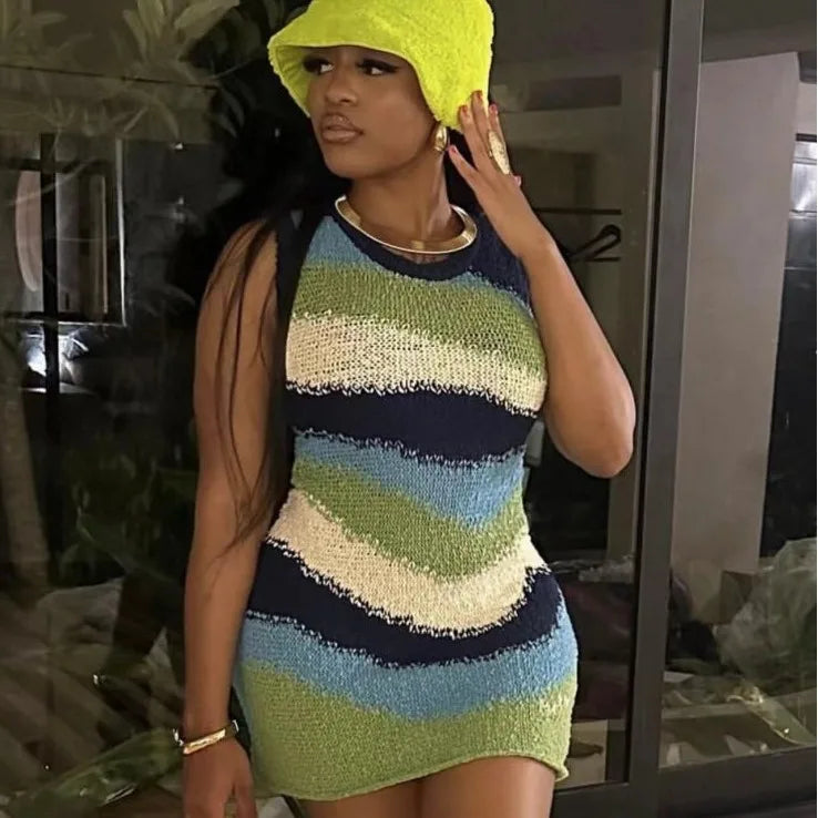 Women's Stripe Knit Sleeveless Mini Dress
