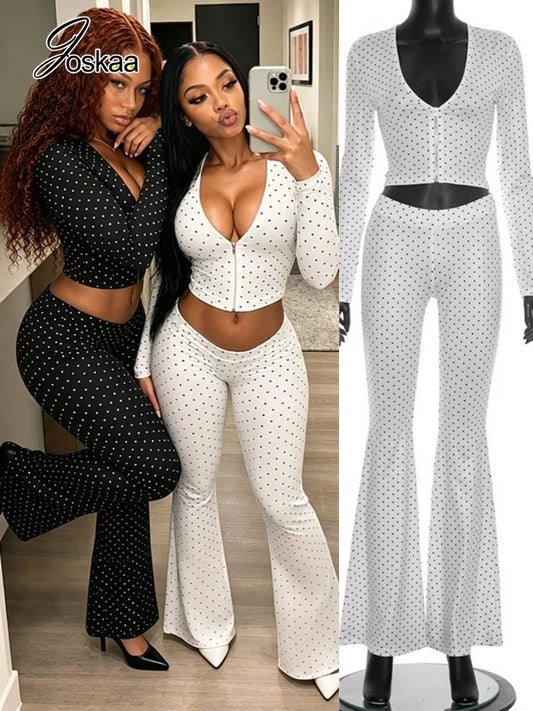 Women's Polka Dot V-neck Zip Up Long Sleeve Two Piece Set - Front View