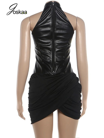 Women's Faux Leather Zip Up Sleeveless Bodycon Mini Dress - Detail View