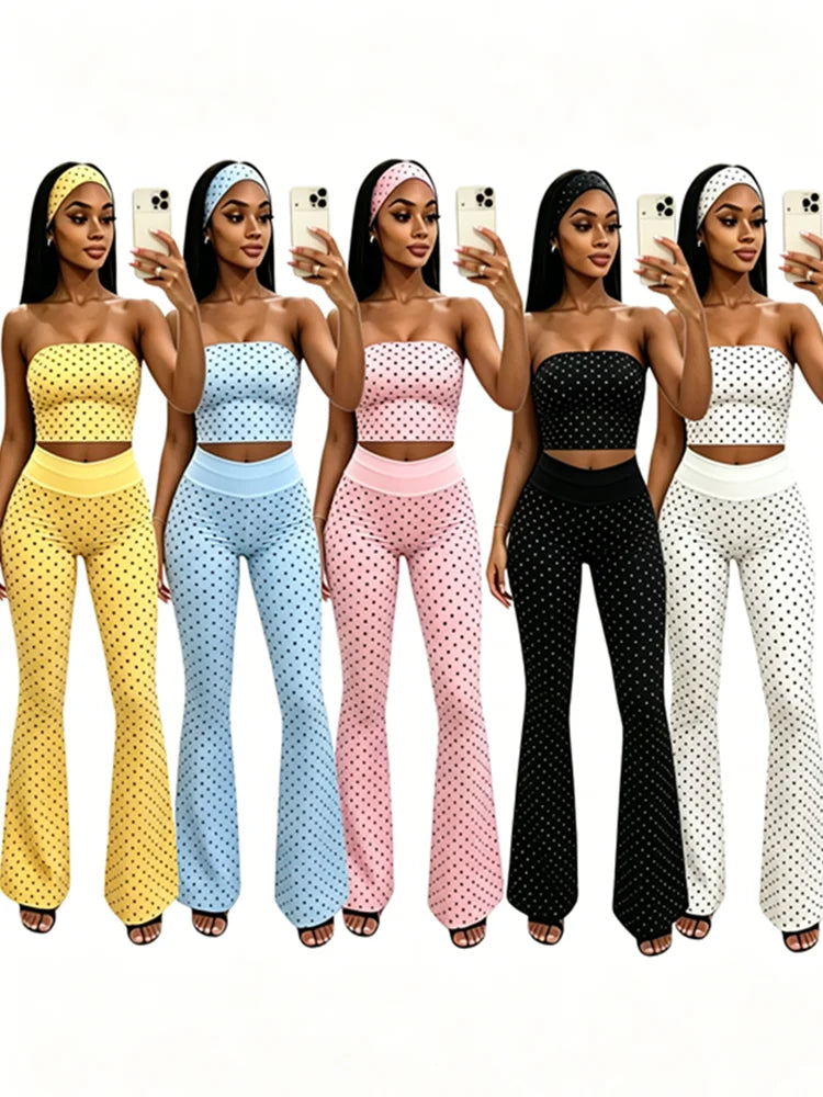 Women's Polka Dot Strapless Crop Two Piece Set Pink – Front View