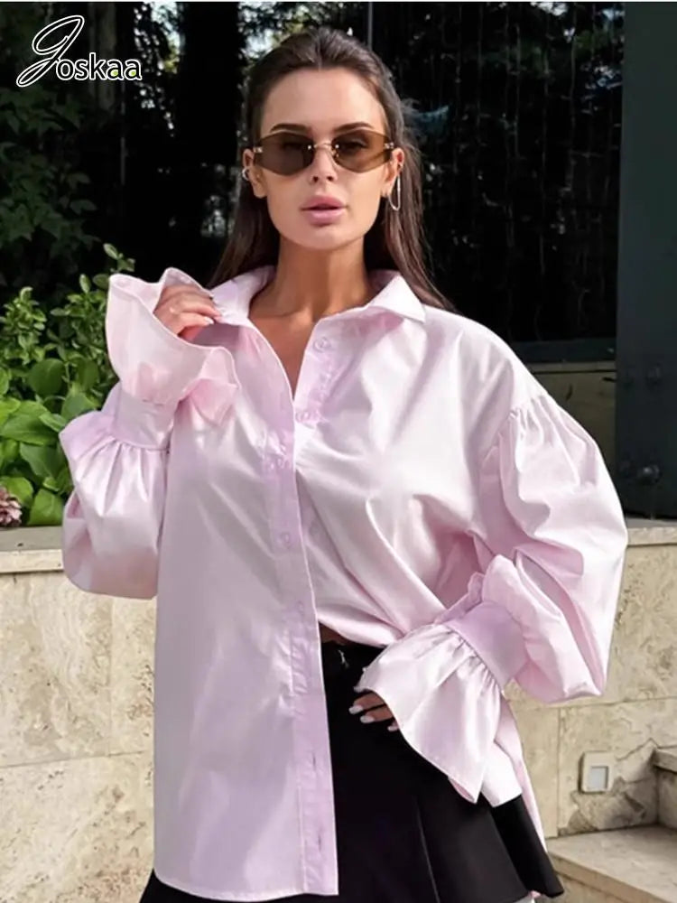 Women's Long Sleeve Oversized Shirt Fall Top Pink – Side View