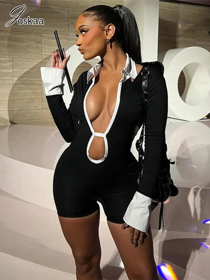 Women's Leopard Print Backless Cutout Romper Blue – Front View