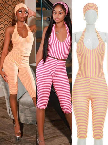 Women's Striped Backless Halter High Waist Two Piece Set - Additional View 8