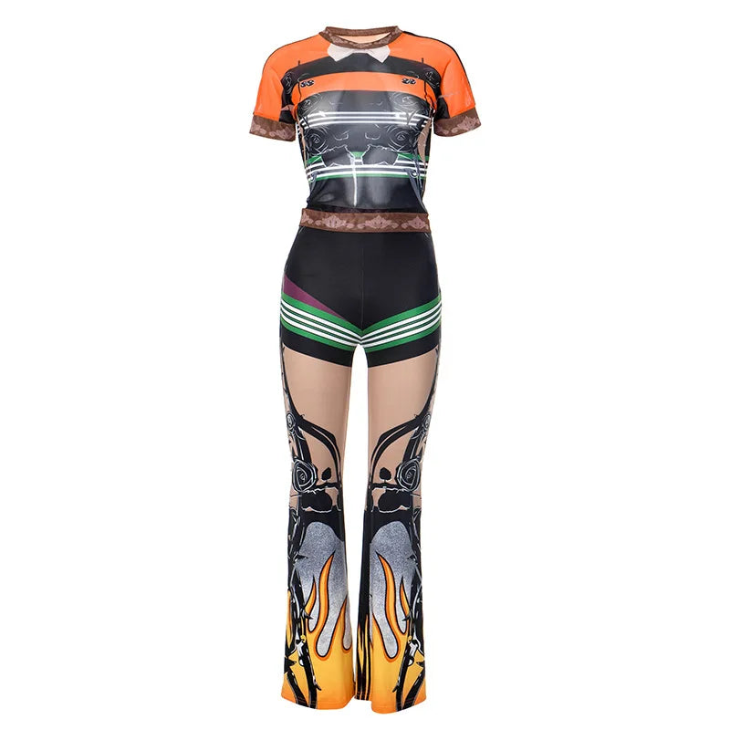 Women's Mesh Short Sleeve Crop Two Piece Set