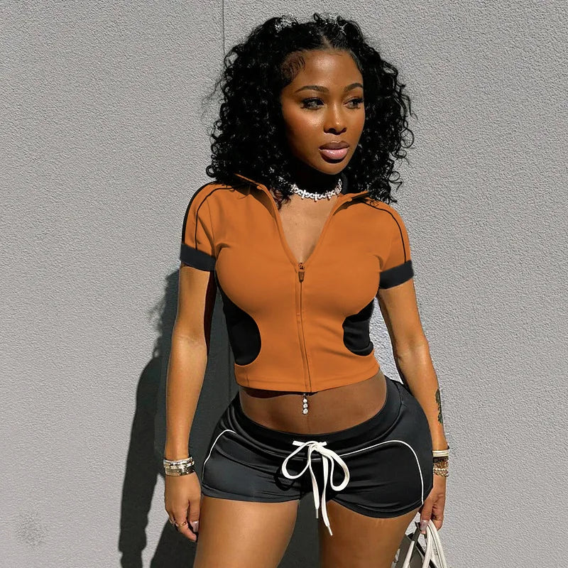 Women's Short Sleeve Crop Zip Two Piece Set