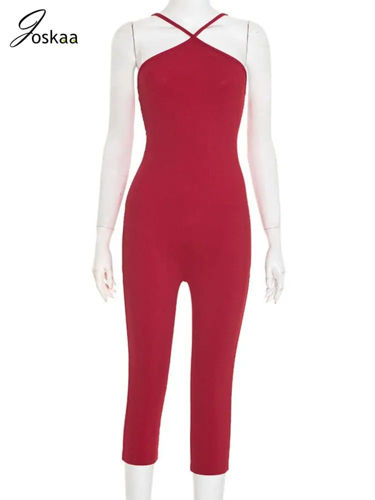 Women's Backless Halter Sleeveless Romper Red – Back View