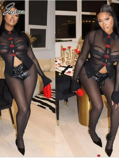 Women's Mesh Faux Leather Long Sleeve Two Piece Set Black – Back View