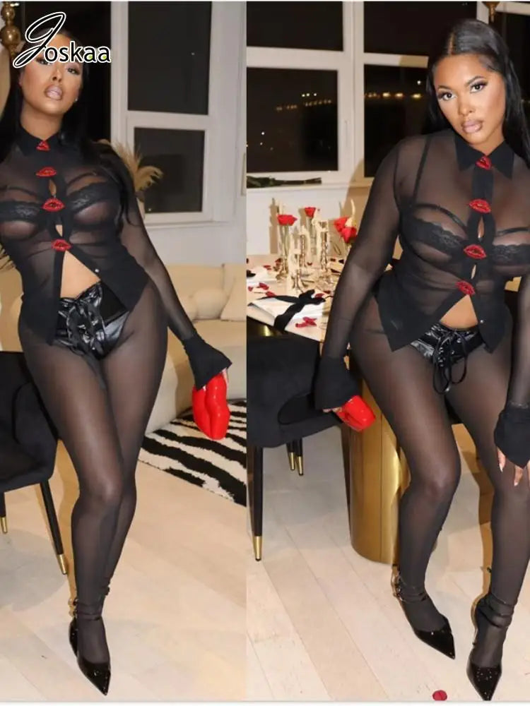 Women's Mesh Faux Leather Long Sleeve Two Piece Set Black – Back View