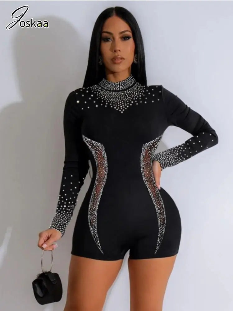 Women's Rhinestone Mesh Long Sleeve Romper – Women's Fashion Wholesale – Front View