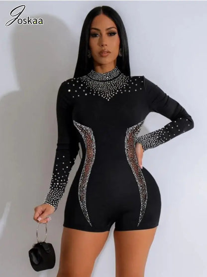 Women's Rhinestone Mesh Long Sleeve Romper – Women's Fashion Wholesale – Front View
