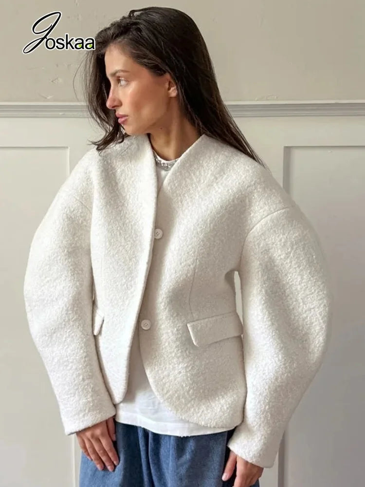 Women's Long Sleeve Fall Thickened Woolen Jacket White – Side View