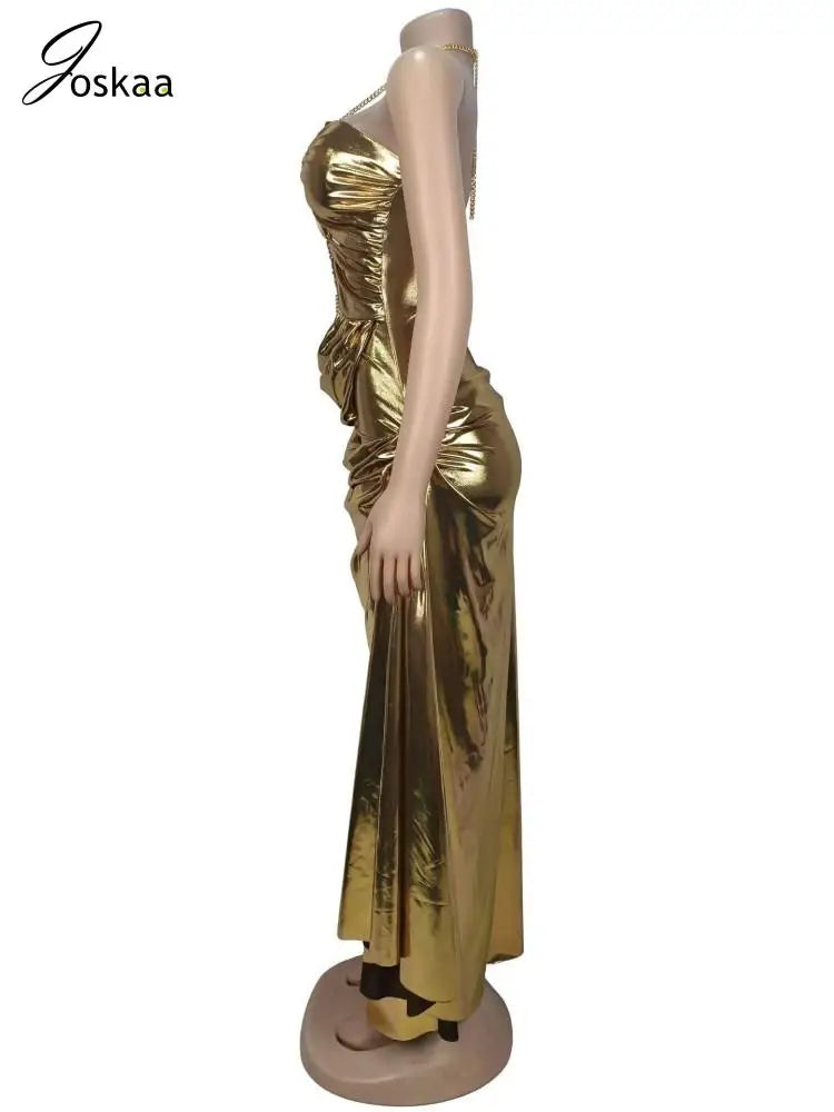 Women's Ruched Cutout Halter Sleeveless Maxi Dress Golden – Back View