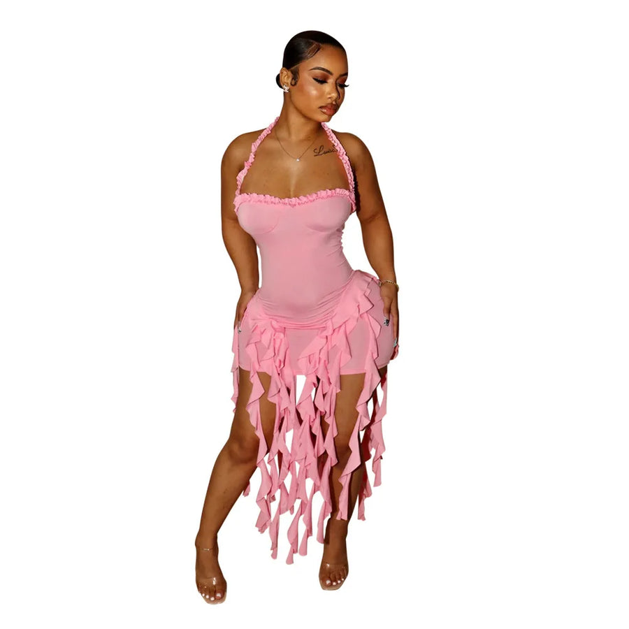 Women's Ruched Halter Solid Irregular Tassels Dress
