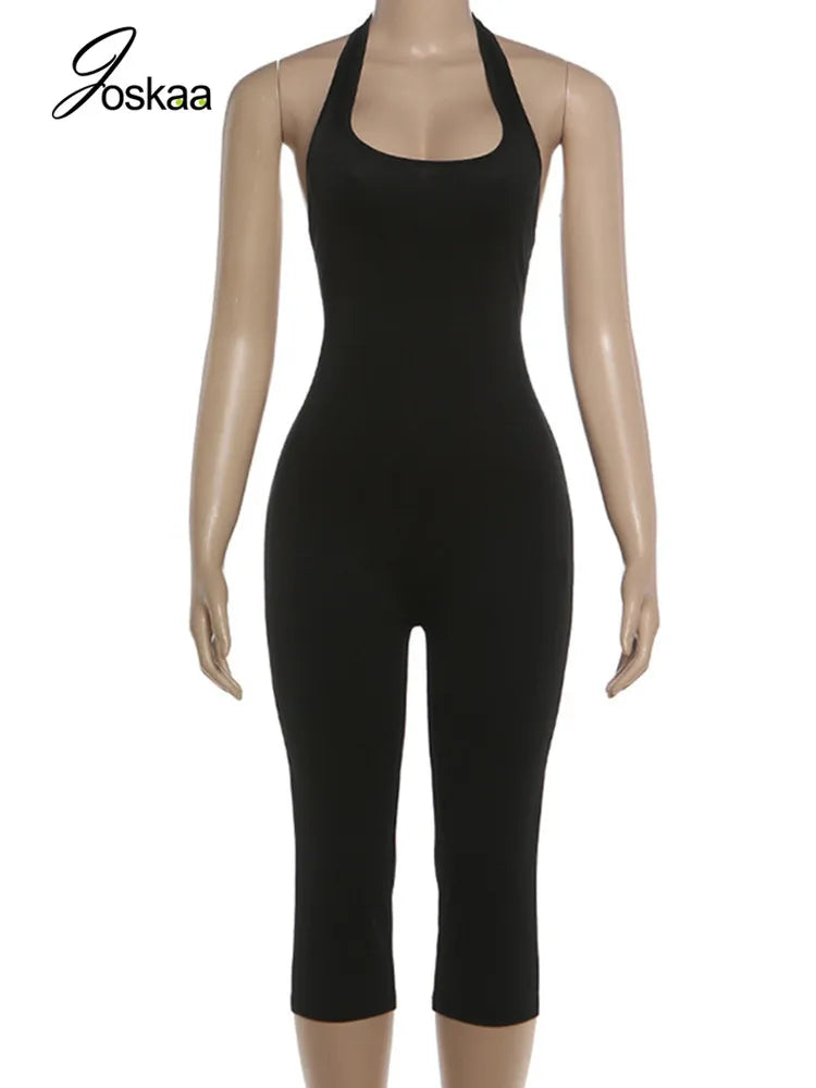 Women's Backless Halter Sleeveless Romper Black – Back View
