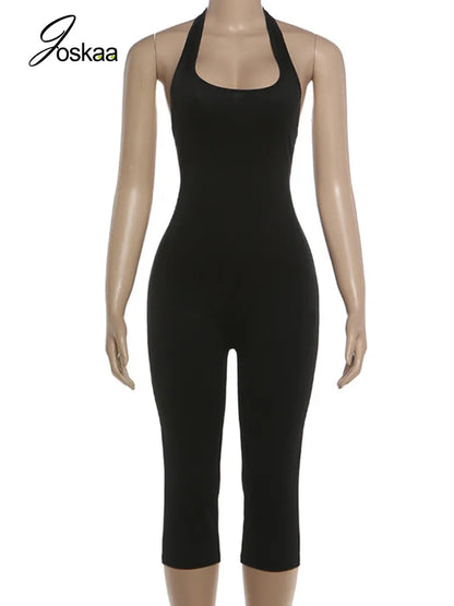 Women's Backless Halter Sleeveless Romper Black – Back View