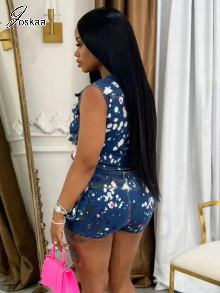 Women's Denim Sleeveless Crop Two Piece Set Blue – Side View
