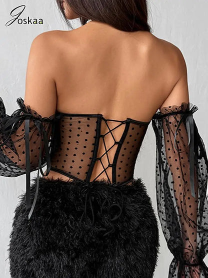 Women's Mesh Sheer Off-shoulder Fall Top Black – Side View