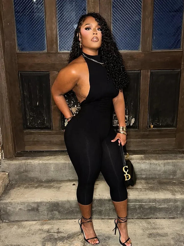 Women's Knit Backless Halter Bodycon Romper Black – Front View