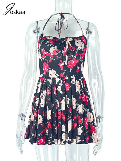 Women's Floral Print Backless Halter Mini Dress Flower Color – Back View