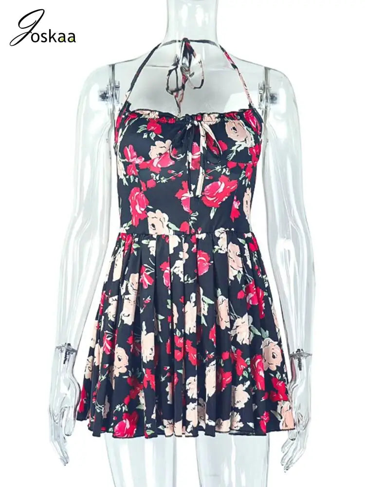 Women's Floral Print Backless Halter Mini Dress Flower Color – Back View