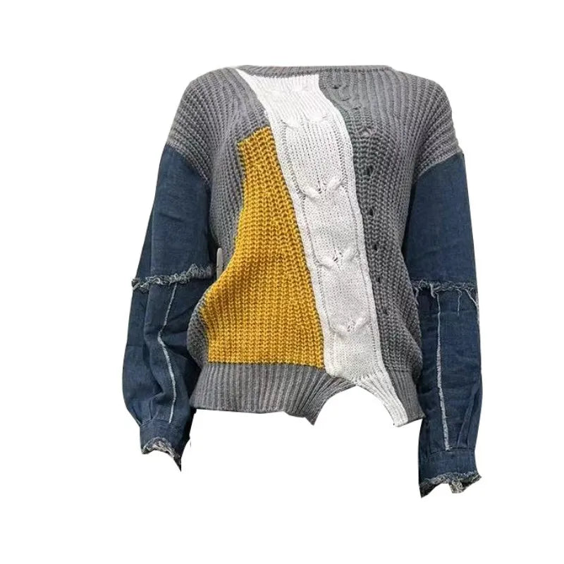 Women's Denim Knit Long Sleeve Ribbed Top