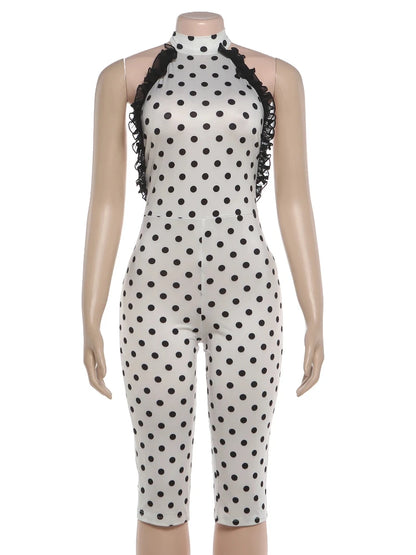 Women's Polka Dot Mesh Backless Halter Romper