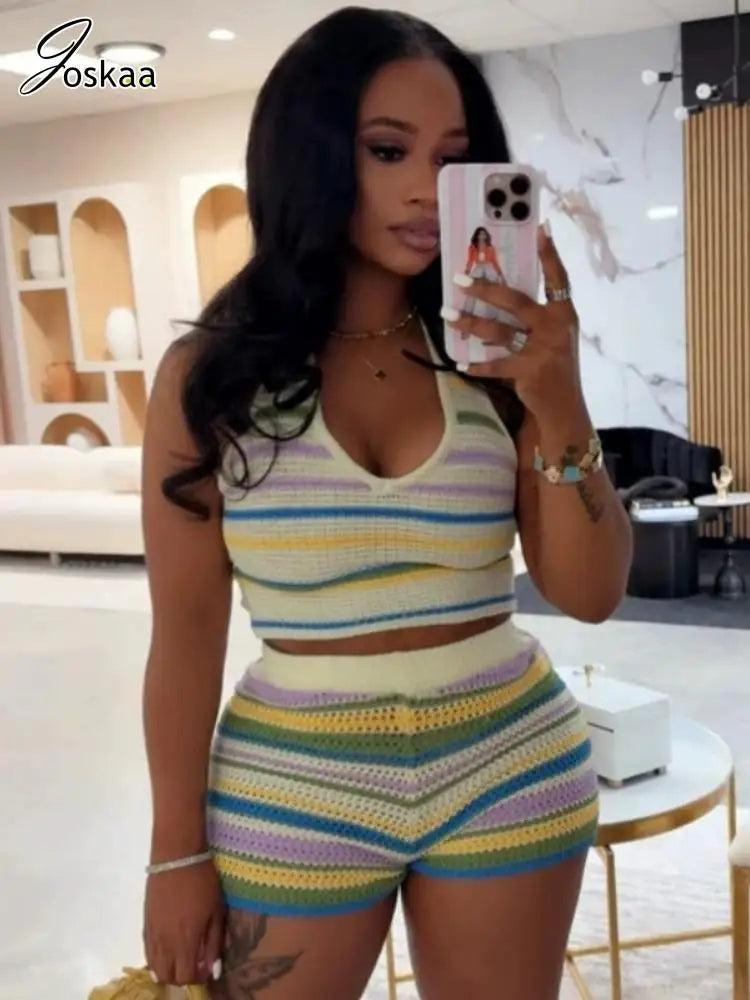 Women's Stripe Knit Backless Two Piece Set – Women's Fashion Wholesale – Front View
