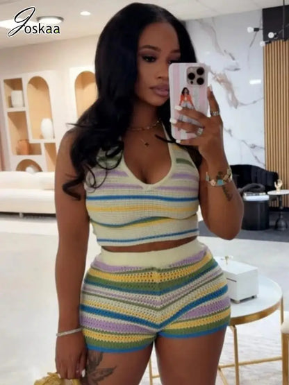 Women's Stripe Knit Backless Two Piece Set – Women's Fashion Wholesale – Front View